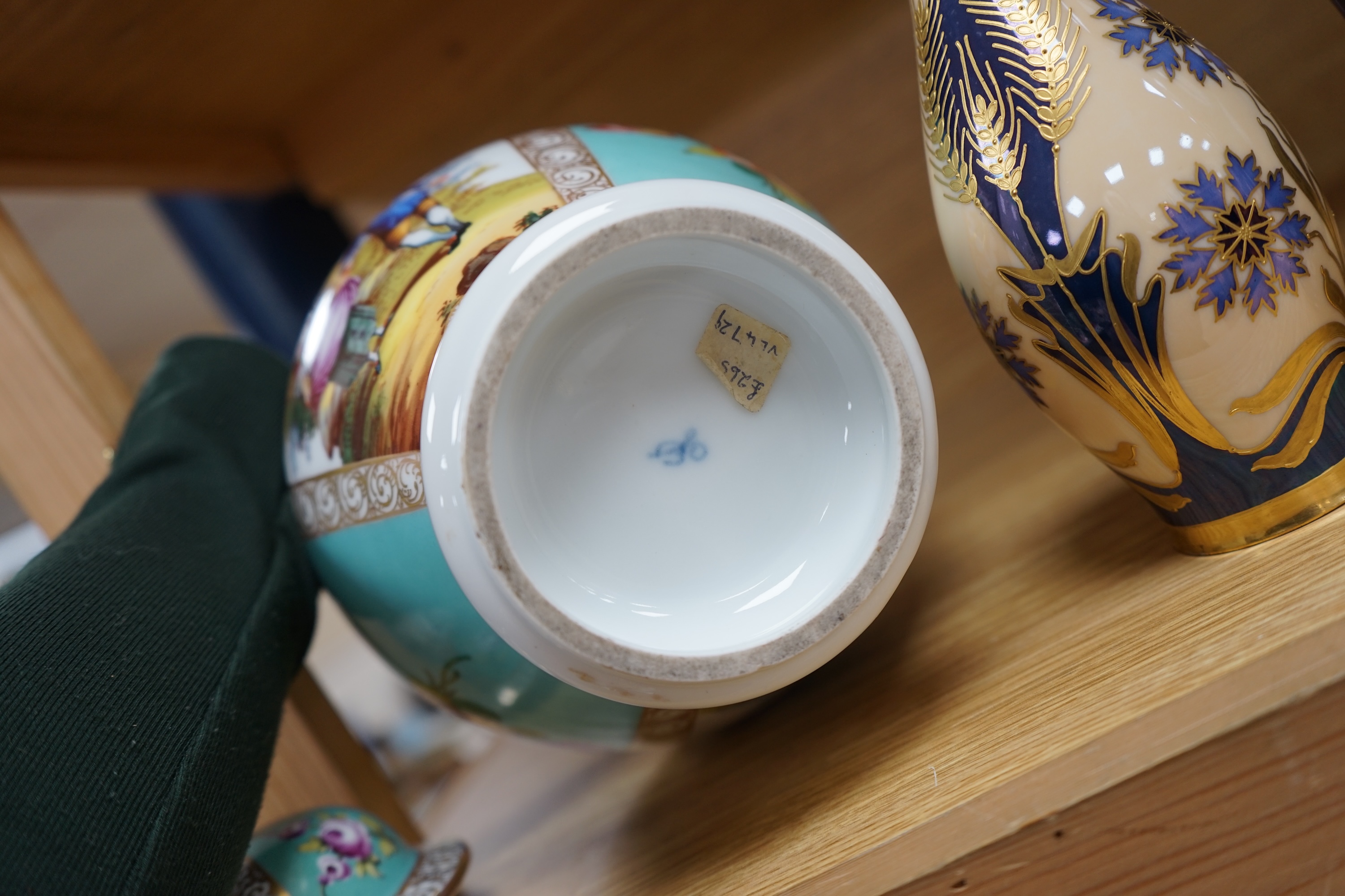 A Dresden porcelain jar and cover, 32cm high, a Doulton Burslem Grecian revival vase and and a Continental Art Nouveau bottle vase (3) condition - Dresden and Doulton restored necks otherwise visible condition